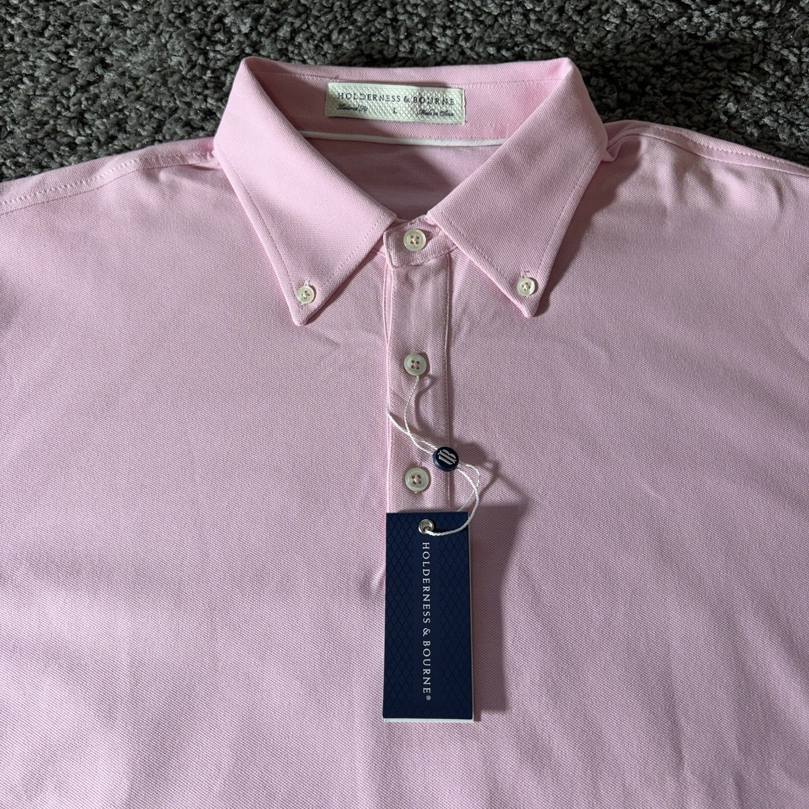 Houlderness & Bourne Polo Shirt Mens L Burton Scotch Pink Pique Button Down