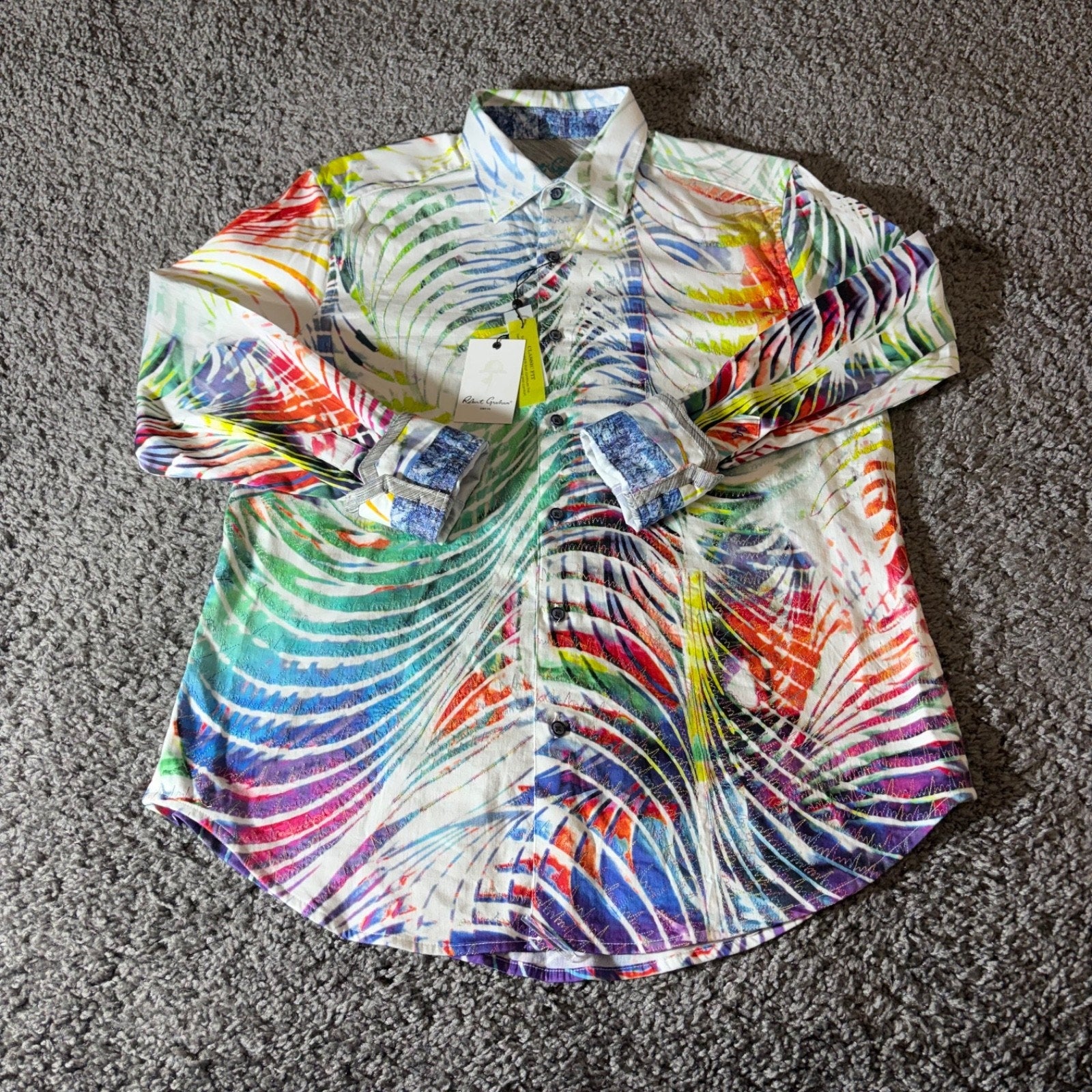 Robert Graham Shirt Mens M Danceteria Abstract Palm Leaf Flip Festival Tropical