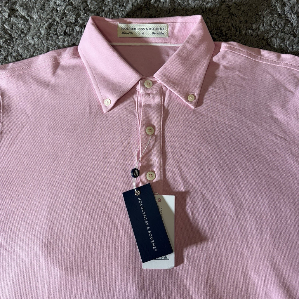 Houlderness & Bourne Polo Shirt Mens M Burton Scotch Pink Pique Button Down